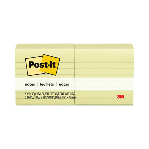 Image of Post-it® Notes Original Pads in Canary Yellow, Note Ruled, 3" x 3", 100 Sheets/Pad, 6 Pads/Pack