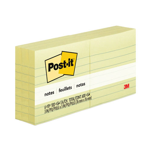 Image of Post-it® Notes Original Pads in Canary Yellow, Note Ruled, 3" x 3", 100 Sheets/Pad, 6 Pads/Pack