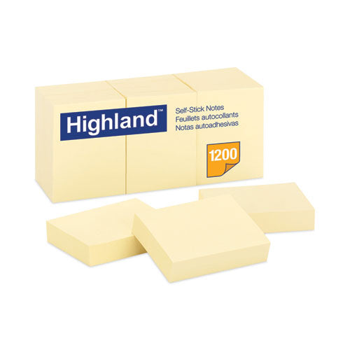 Image of Highland Self-Stick Notes, 1.38" x 1.88", Yellow, 100 Sheets/Pad, 12 Pads/Pack