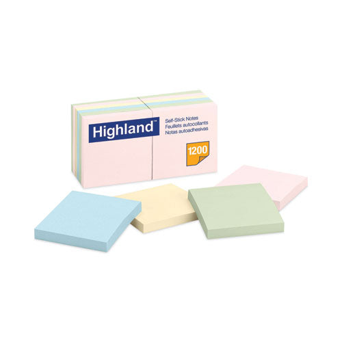 Image of Highland Self-Stick Notes, 3" x 3", Assorted Pastel Colors, 100 Sheets/Pad, 12 Pads/Pack