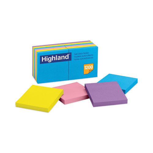 Image of Highland Self-Stick Notes, 3" x 3", Assorted Bright Colors, 100 Sheets/Pad, 12 Pads/Pack