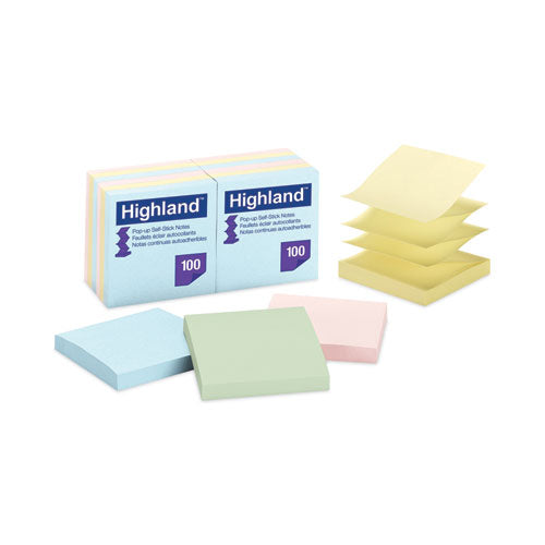 Image of Highland Self-Stick Accordion-Style Notes, 3" x 3", Assorted Pastel Colors, 100 Sheets/Pad, 12 Pads/Pack