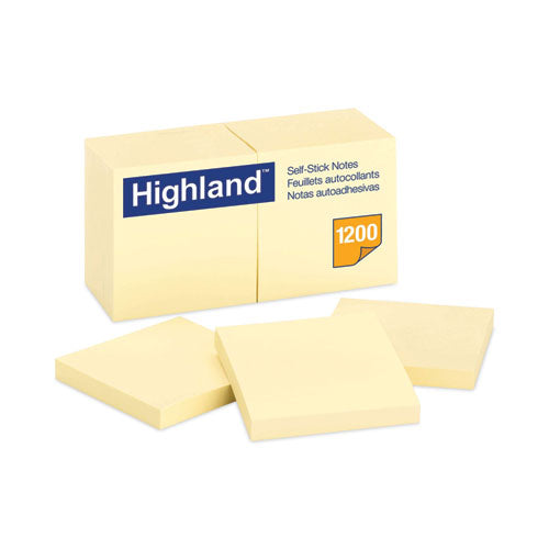 Image of Highland Self-Stick Notes, 3" x 3", Yellow, 100 Sheets/Pad, 12 Pads/Pack
