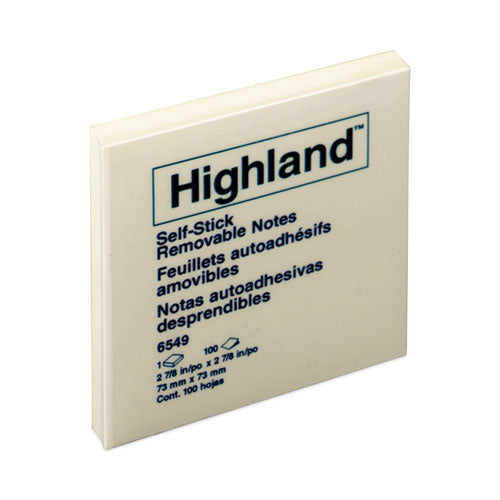 Image of Highland Self-Stick Notes, 3" x 3", Yellow, 100 Sheets/Pad, 12 Pads/Pack