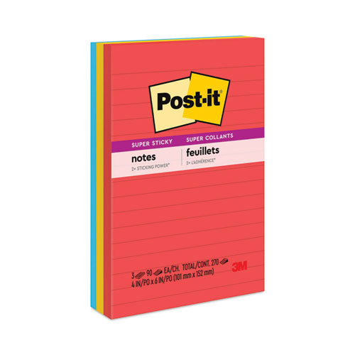 Image of Post-it® Notes Super Sticky Pads in Playful Primary Collection Colors, Note Ruled, 4" x 6", 90 Sheets/Pad, 3 Pads/Pack