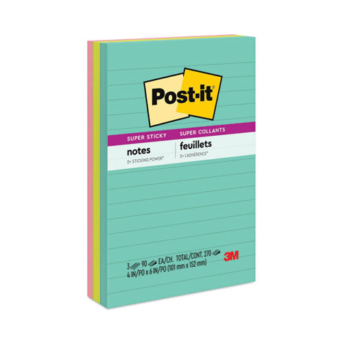 Image of Post-it® Notes Super Sticky Pads in Supernova Neon Collection Colors, Note Ruled, 4" x 6", 90 Sheets/Pad, 3 Pads/Pack