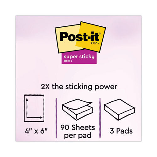 Image of Post-it® Notes Super Sticky Pads in Energy Boost Collection Colors, Note Ruled, 4" x 6", 90 Sheets/Pad, 3 Pads/Pack