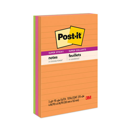 Image of Post-it® Notes Super Sticky Pads in Energy Boost Collection Colors, Note Ruled, 4" x 6", 90 Sheets/Pad, 3 Pads/Pack