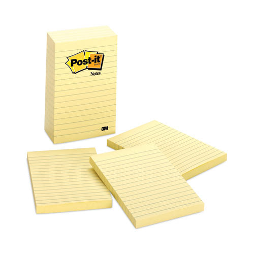 Image of Post-it® Notes Original Pads in Canary Yellow, Note Ruled, 4" x 6", 100 Sheets/Pad, 5 Pads/Pack