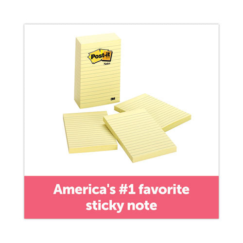 Image of Post-it® Notes Original Pads in Canary Yellow, Note Ruled, 4" x 6", 100 Sheets/Pad, 5 Pads/Pack