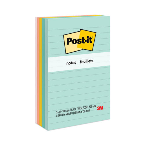 Image of Post-it® Notes Original Pads in Beachside Cafe Collection Colors, Note Ruled, 4" x 6", 100 Sheets/Pad, 5 Pads/Pack