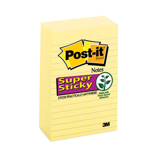 Image of Post-it® Notes Super Sticky Pads in Canary Yellow, Note Ruled, 4" x 6", 90 Sheets/Pad, 5 Pads/Pack