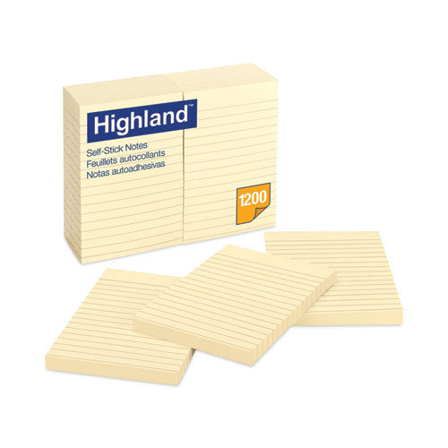 Image of Highland Self-Stick Notes, Note Ruled, 4" x 6", Yellow, 100 Sheets/Pad, 12 Pads/Pack