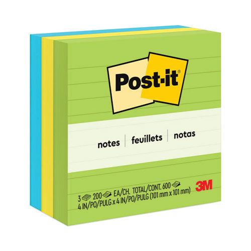 Image of Post-it® Notes Original Pads in Floral Fantasy Collection Colors, Note Ruled, 4" x 4", 200 Sheets/Pad, 3 Pads/Pack