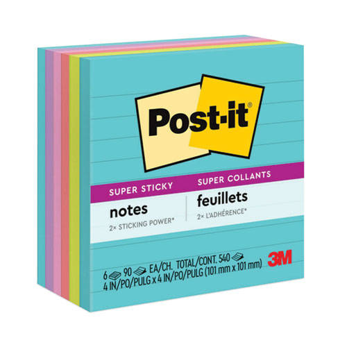 Image of Post-it® Notes Super Sticky Pads in Supernova Neon Collection Colors, Note Ruled, 4" x 4", 90 Sheets/Pad, 6 Pads/Pack