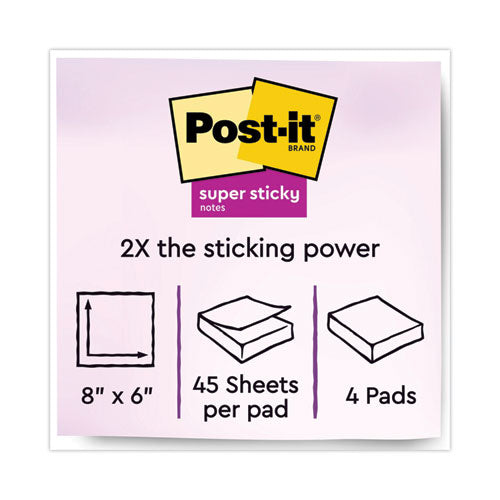 Image of Post-it® Notes Super Sticky Meeting Notes in Energy Boost Collection Colors, 8" x 6", 45 Sheets/Pad, 4 Pads/Pack