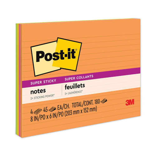Image of Post-it® Notes Super Sticky Meeting Notes in Energy Boost Collection Colors, Note Ruled, 8" x 6", 45 Sheets/Pad, 4 Pads/Pack