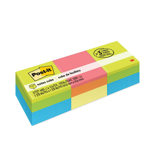 Image of Post-it® Notes Mini Cubes, 1.88" x 1.88", Green Wave and Orange Wave Collections, 400 Sheets/Cube, 3 Cubes/Pack