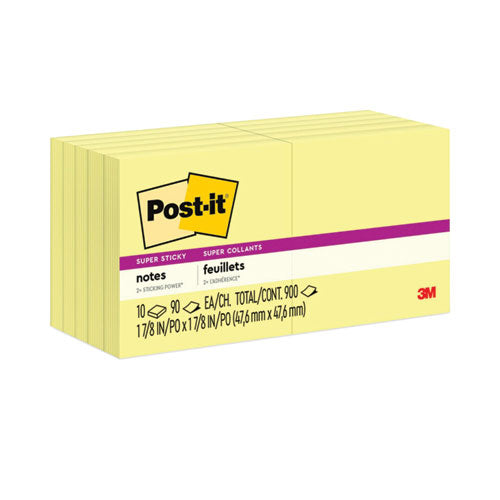 Image of Post-it® Notes Super Sticky Pads in Canary Yellow, 1.88" x 1.88", 90 Sheets/Pad, 10 Pads/Pack