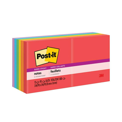 Image of Post-it® Notes Super Sticky Pads in Playful Primary Collection Colors, 3" x 3", 90 Sheets/Pad, 12 Pads/Pack
