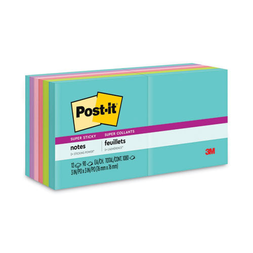 Image of Post-it® Notes Super Sticky Pads in Supernova Neon Collection Colors, 3" x 3", 90 Sheets/Pad, 12 Pads/Pack