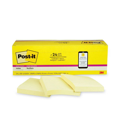 Image of Post-it® Notes Super Sticky Pads in Canary Yellow, Cabinet Pack, 3" x 3", 90 Sheets/Pad, 24 Pads/Pack