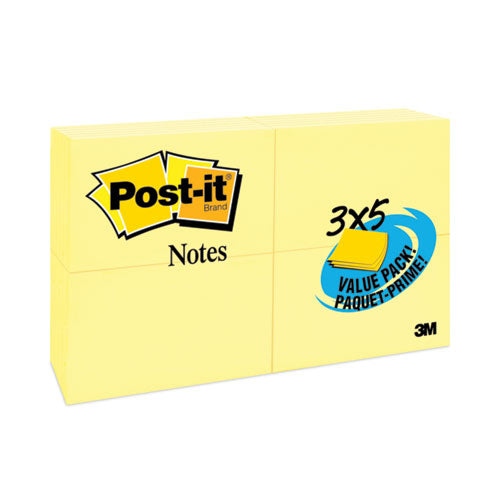 Image of Post-it® Notes Original Pads in Canary Yellow, Value Pack, 3" x 5", 100 Sheets/Pad, 24 Pads/Pack