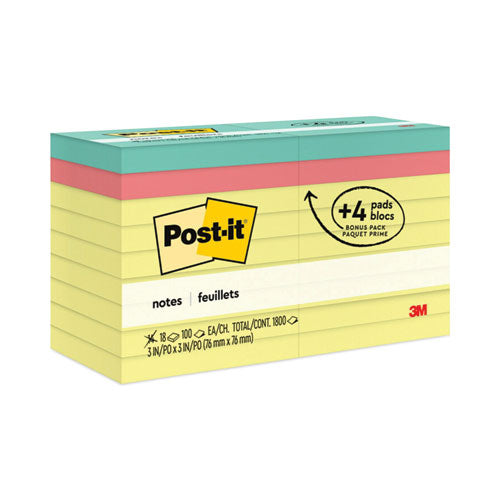 Image of Post-it® Notes Original Pads Assorted Value Pack, 3 x 3, (14) Canary Yellow, (4) Poptimistic Collection Colors, 100 Sheets/Pad, 18 Pads/Pack