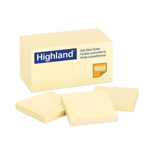 Image of Highland Self-Stick Notes, 3" x 3", Yellow, 100 Sheets/Pad, 18 Pads/Pack