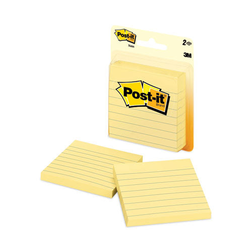 Image of Post-it® Notes Original Pads in Canary Yellow, Note Ruled, 3" x 3", 100 Sheets/Pad, 2 Pads/Pack