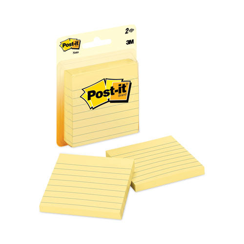Image of Post-it® Notes Original Pads in Canary Yellow, Note Ruled, 3" x 3", 100 Sheets/Pad, 2 Pads/Pack