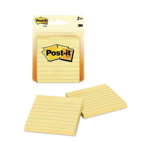 Image of Post-it® Notes Original Pads in Canary Yellow, Note Ruled, 3" x 3", 100 Sheets/Pad, 2 Pads/Pack