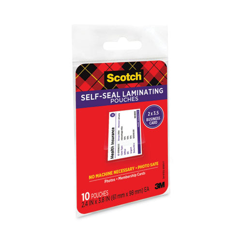 Image of Scotch Self-Sealing Laminating Pouches, 9.5 Mil, 3.88" X 2.44", Gloss Clear, 25/pack