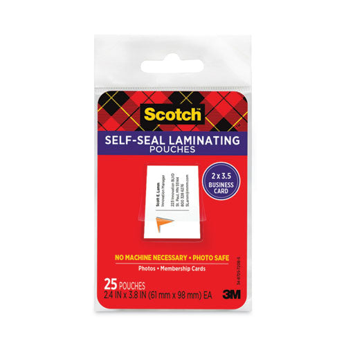 Image of Scotch Self-Sealing Laminating Pouches, 9.5 Mil, 3.88" X 2.44", Gloss Clear, 25/pack