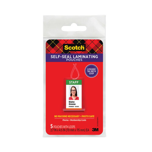 Image of Scotch Self-Sealing Laminating Pouches, 12.5 Mil, 2.81" X 4.5", Gloss Clear, 5/pack