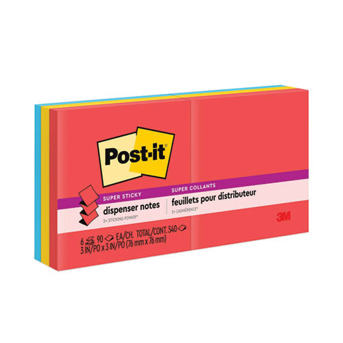 Image of Post-it® Dispenser Notes Super Sticky Pop-up 3 x 3 Note Refill, 3" x 3", Playful Primaries Collection Colors, 90 Sheets/Pad, 6 Pads/Pack