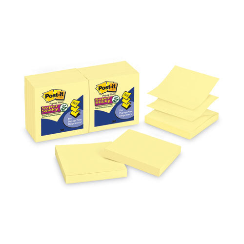 Image of Post-it® Dispenser Notes Super Sticky Pop-up 3 x 3 Note Refill, 3" x 3", Canary Yellow, 90 Sheets/Pad, 12 Pads/Pack