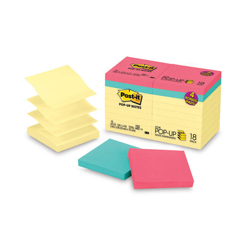 Image of Post-it® Dispenser Notes Original Pop-up Notes Value Pack, 3 x 3, (14) Canary Yellow, (4) Poptimistic Collection Colors, 100 Sheets/Pad, 18 Pads/Pack