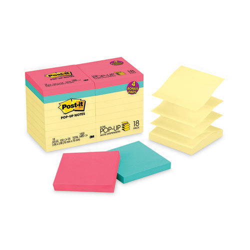 Image of Post-it® Dispenser Notes Original Pop-up Notes Value Pack, 3 x 3, (14) Canary Yellow, (4) Poptimistic Collection Colors, 100 Sheets/Pad, 18 Pads/Pack