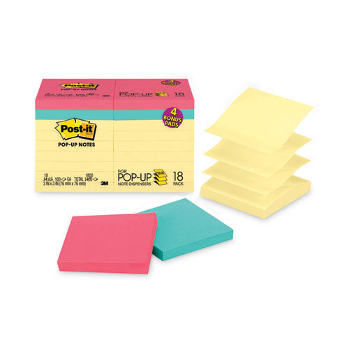 Image of Post-it® Dispenser Notes Original Pop-up Notes Value Pack, 3 x 3, (14) Canary Yellow, (4) Poptimistic Collection Colors, 100 Sheets/Pad, 18 Pads/Pack