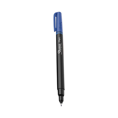 Image of Sharpie® Water-Resistant Ink Porous Point Pen, Stick, Fine 0.4 mm, Blue Ink, Black/Blue Barrel, Dozen