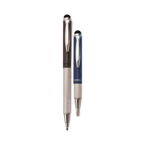 Image of Zebra® StylusPen Telescopic Ballpoint Pen/Stylus, Retractable, Medium 1 mm, Black Ink, Blue/Gray Barrel, 2/Pack