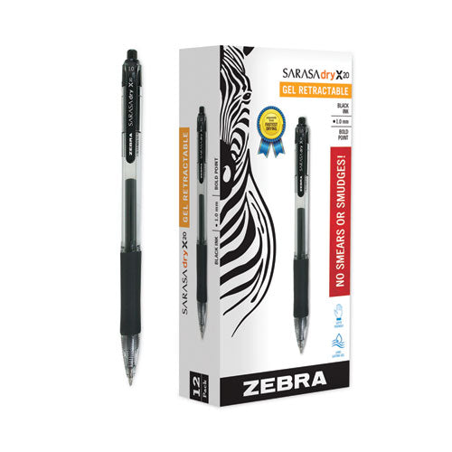 Image of Zebra® Sarasa Dry Gel X20 Gel Pen, Retractable, Bold 1 mm, Black Ink, Clear/Black Barrel, 12/Pack