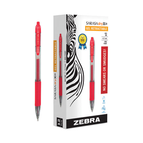 Image of Zebra® Sarasa Dry Gel X20 Gel Pen, Retractable, Medium 0.7 mm, Red Ink, Clear/Red Barrel, 12/Pack