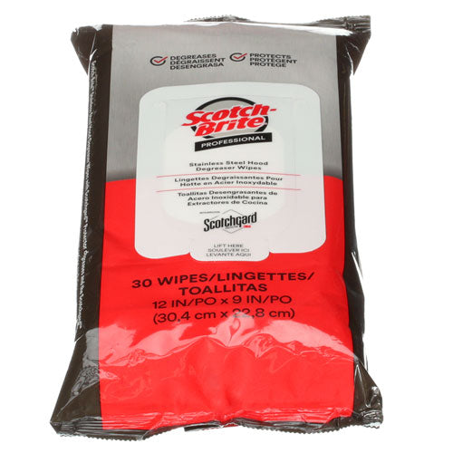 Image of Scotch-Brite Stainless Steel Hood Degreaser Wipes, 1-Ply, 9 x 12, Unscented, White, 30 Wipes/Pack, 6 Packs/Carton
