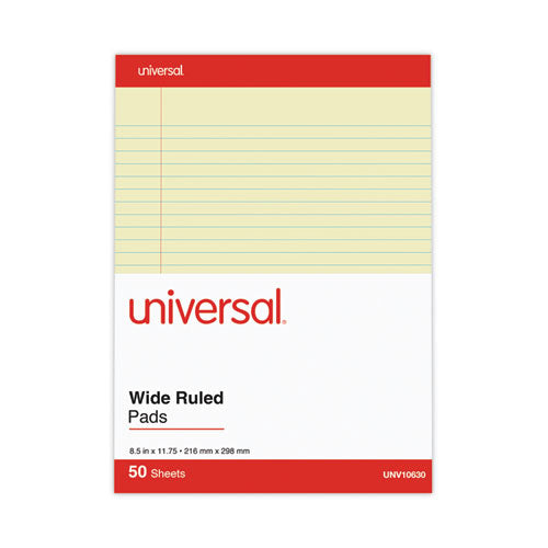 Image of Universal® Perforated Ruled Writing Pads, Wide/legal Rule, Red Headband, 50 Canary-Yellow 8.5 X 11.75 Sheets, Dozen