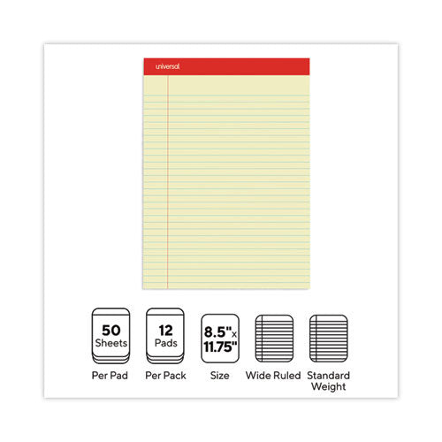 Image of Universal® Perforated Ruled Writing Pads, Wide/legal Rule, Red Headband, 50 Canary-Yellow 8.5 X 11.75 Sheets, Dozen