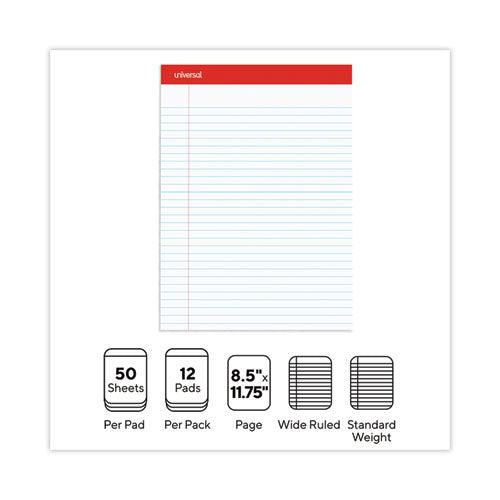 Image of Universal® Perforated Ruled Writing Pads, Wide/legal Rule, Red Headband, 50 White 8.5 X 11.75 Sheets, Dozen