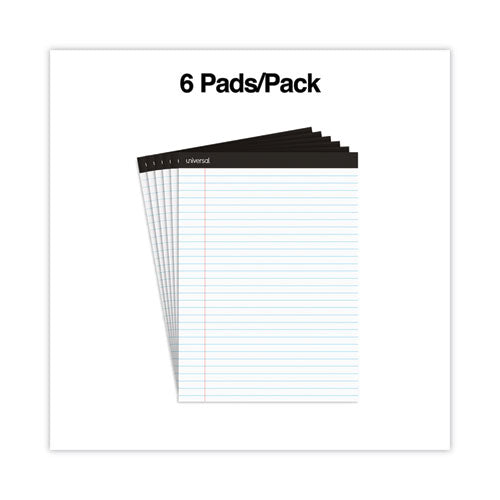 Image of Universal® Premium Ruled Writing Pads With Heavy-Duty Back, Wide/legal Rule, Black Headband, 50 White 8.5 X 11 Sheets, 6/pack