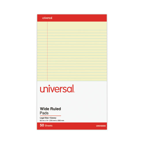 Image of Universal® Perforated Ruled Writing Pads, Wide/legal Rule, Red Headband, 50 Canary-Yellow 8.5 X 14 Sheets, Dozen